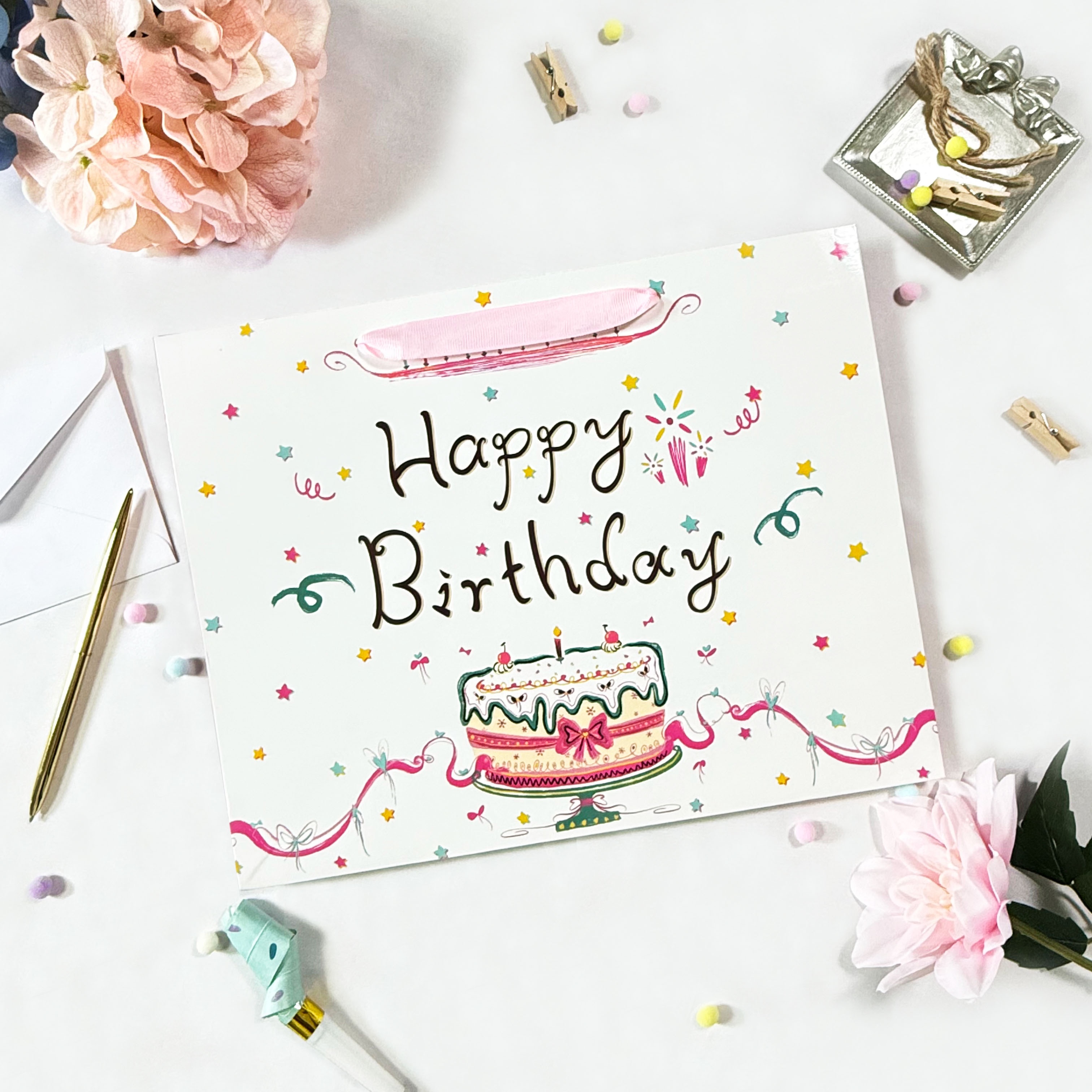13" Large Happy Birthday Pink Paper Bags